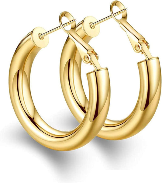 925 Sterling Silver Post Chunky Gold Hoop Earrings – 14K Gold Plated, Lightweight 25mm