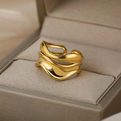 Luxury Wide Wave Adjustable Rings – Gold Stainless Steel Elegant Minimalist Jewelry