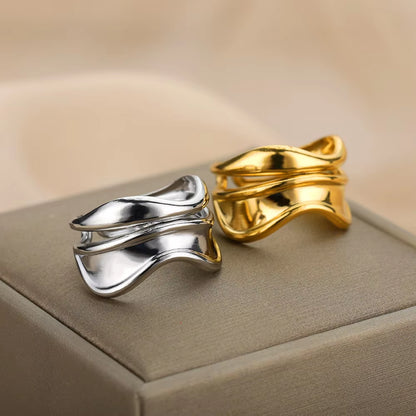 Luxury Wide Wave Adjustable Rings – Gold Stainless Steel Elegant Minimalist Jewelry