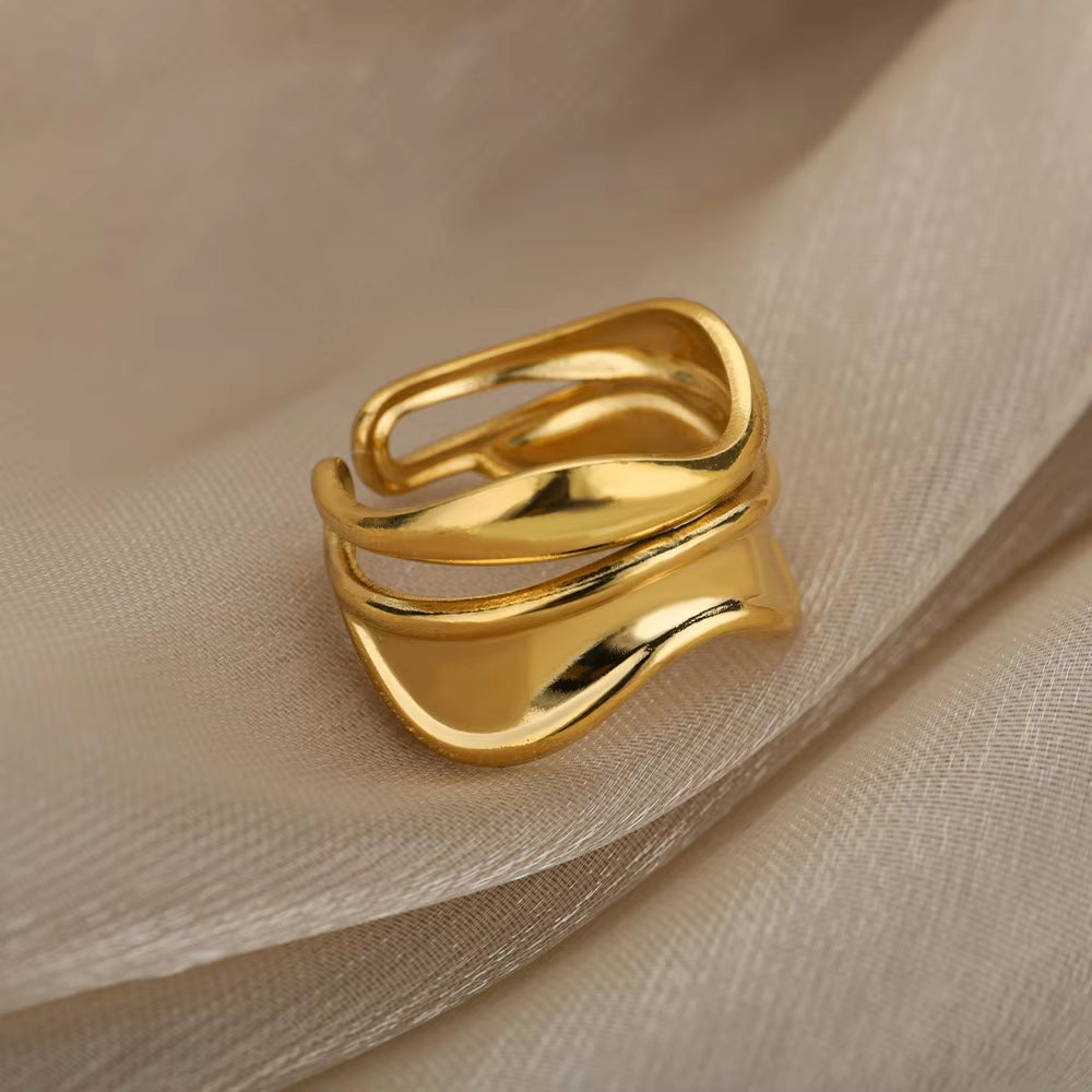 Luxury Wide Wave Adjustable Rings – Gold Stainless Steel Elegant Minimalist Jewelry