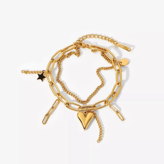 Doubled Fun Charm Bracelet – Double Chain Gold Charm Bracelet with Star and Heart Pendants