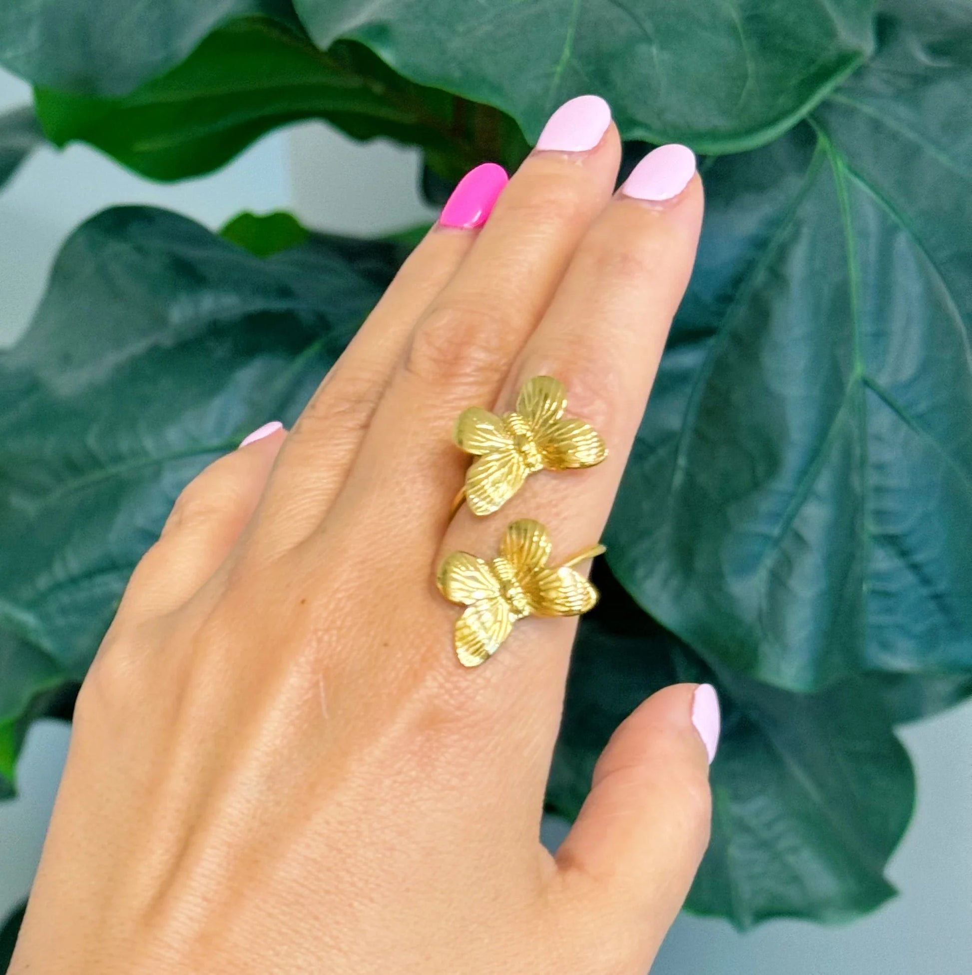 Vintage Butterfly Duo Ring – Elegant 18K Gold-Plated Statement Jewelry