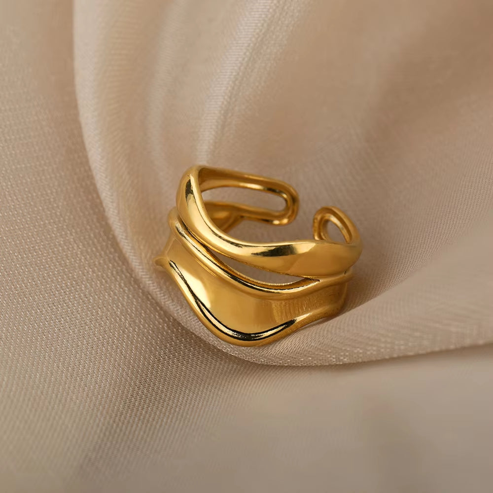 Luxury Wide Wave Adjustable Rings – Gold Stainless Steel Elegant Minimalist Jewelry