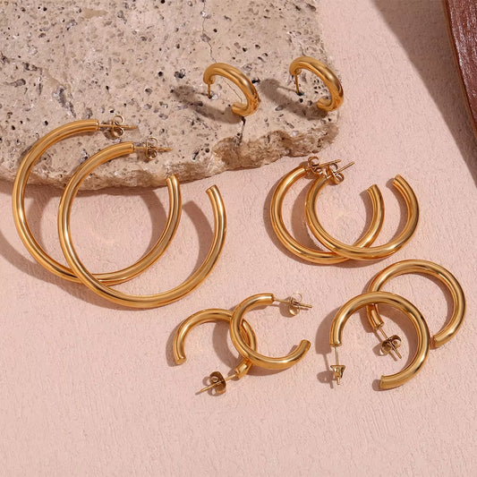 Timeless and versatile, Hypoallergenic Stainless Steel Gold Hoop Earrings – Tarnish-Free, Hollow Tube Design in Multiple Sizes.