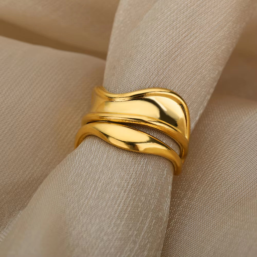 Luxury Wide Wave Adjustable Rings – Gold Stainless Steel Elegant Minimalist Jewelry