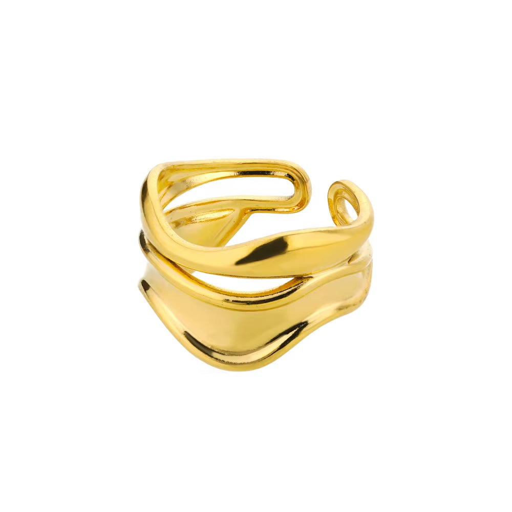 Luxury Wide Wave Adjustable Rings – Gold Stainless Steel Elegant Minimalist Jewelry