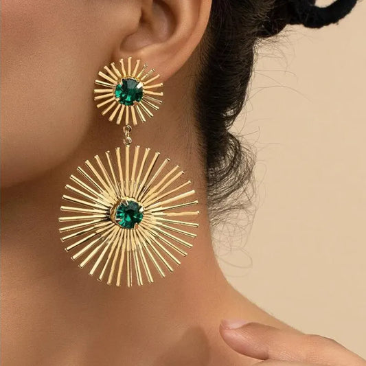 Green Stone Geometric Dangle Earrings – Vintage Gold Statement Earrings