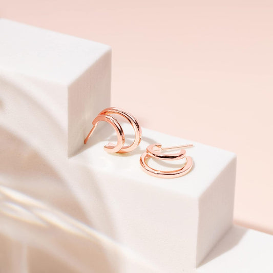 14K Gold Plated Split Huggie Earrings – Sterling Silver Post in Rose Gold