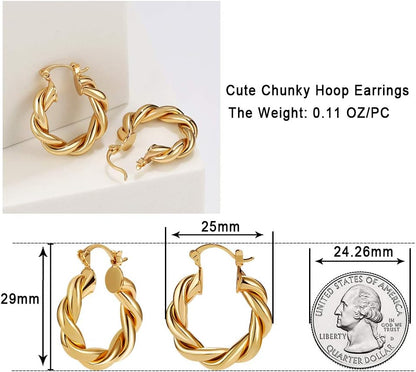 Twisted Chunky Gold Hoop Earrings – 14K Gold-Plated Lightweight Hoops 