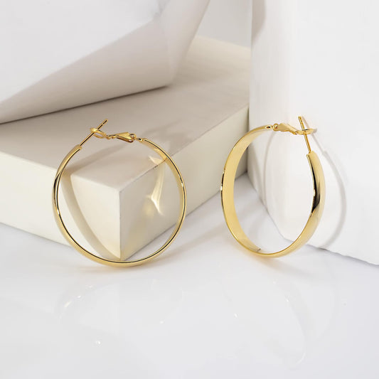 Large 14K Gold-Plated Flat Hoop Earrings – Bold Elegance Statement Hoops for Women - Lightweight